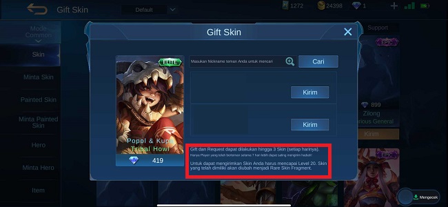 Cara Kirim Skin Mobile Legend